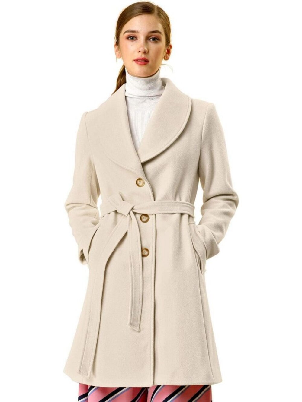 Chic Women's Winter Pea Coat, Shawl Collar, Belted Long Overcoat, Size Options